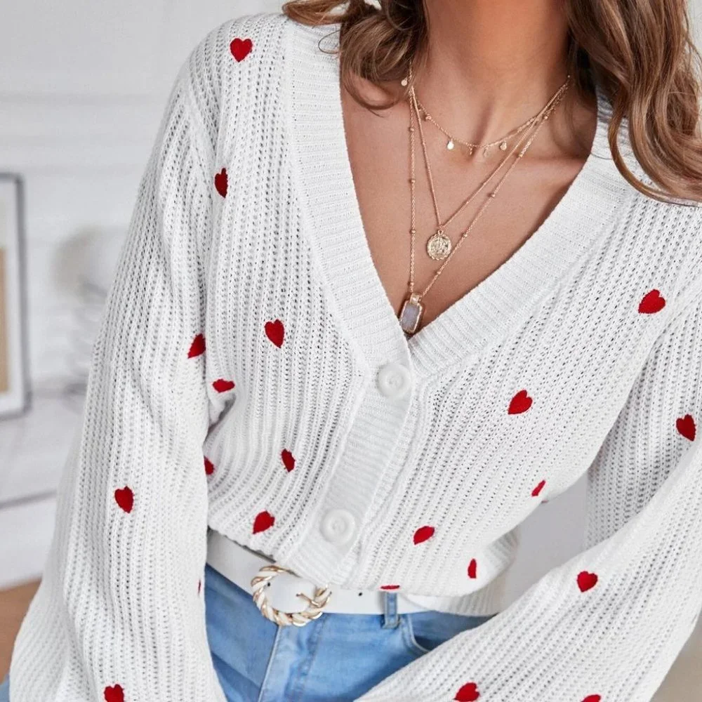 Heart Embroidered Bishop Sleeve knit Sweater Cardigan - Picture 3 of 5